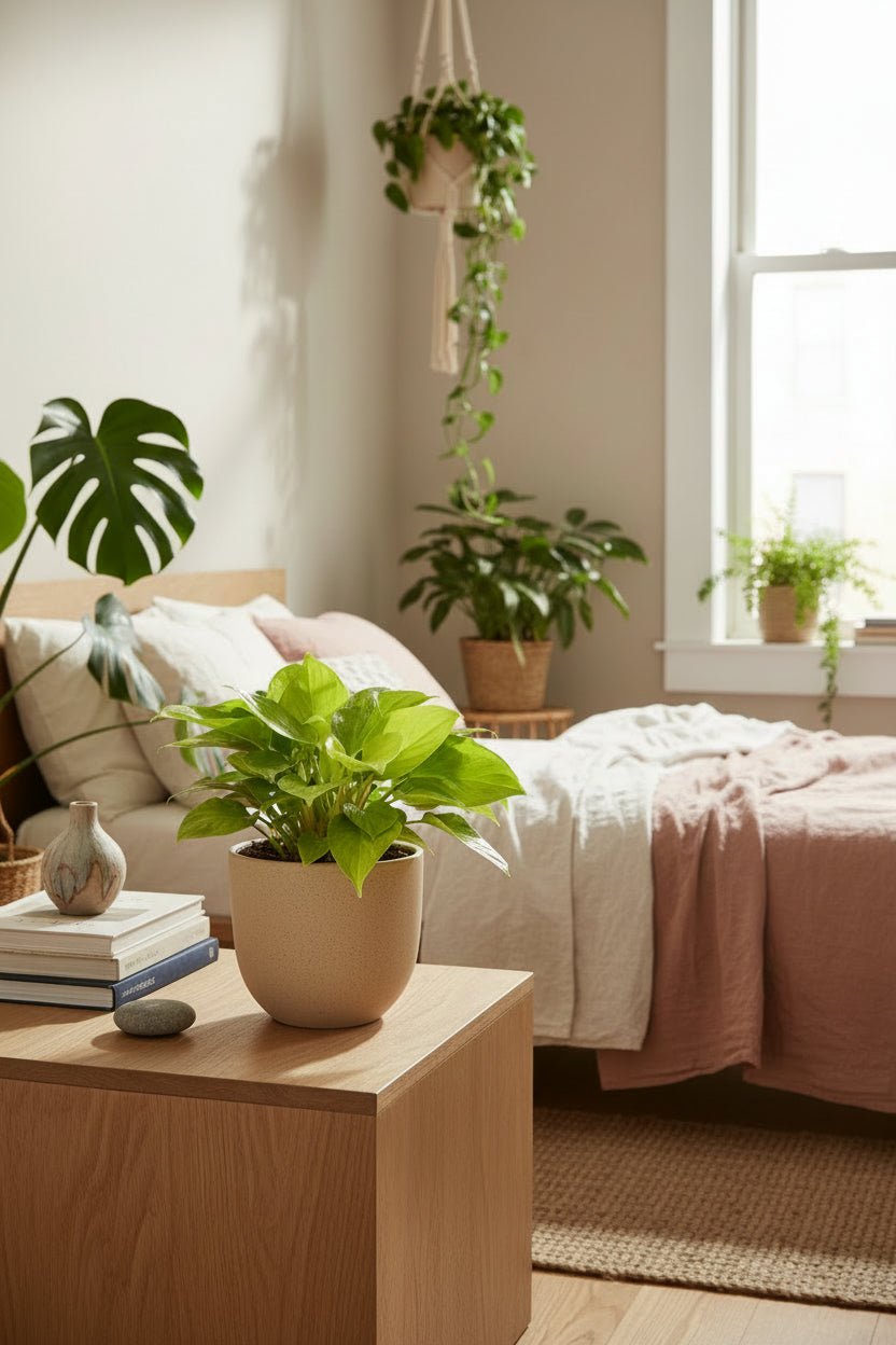 Homalomena Lemon Lime installé sur une commode dans une chambre à coucher