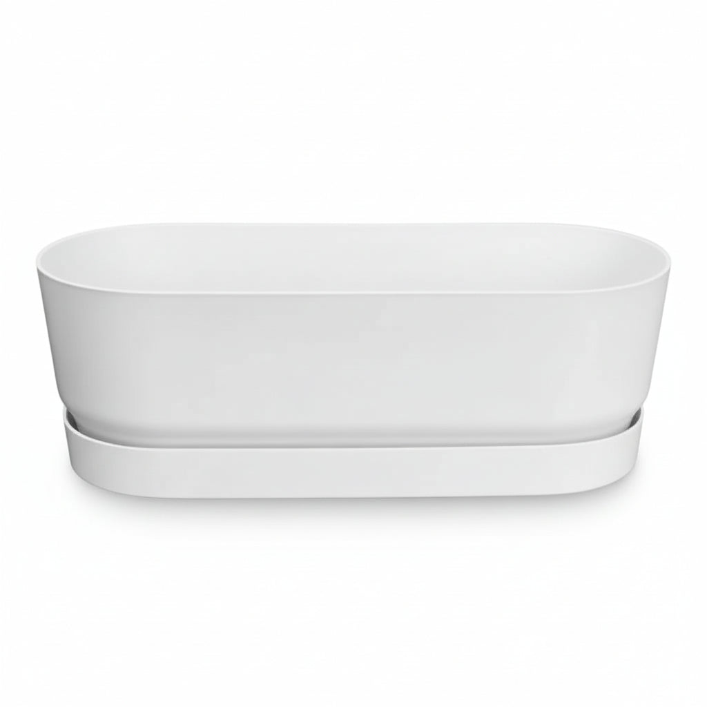 Jardinera Elho Greenville Easy Balcony Blanca de tamaño Ø25 cm sobre fondo blanco