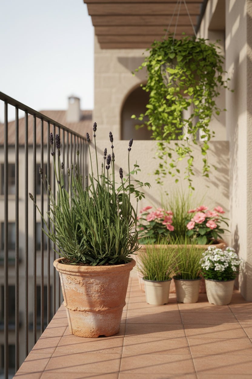 Lavanda Lavandula Hidcote Blue en un balcón con muchas plantas