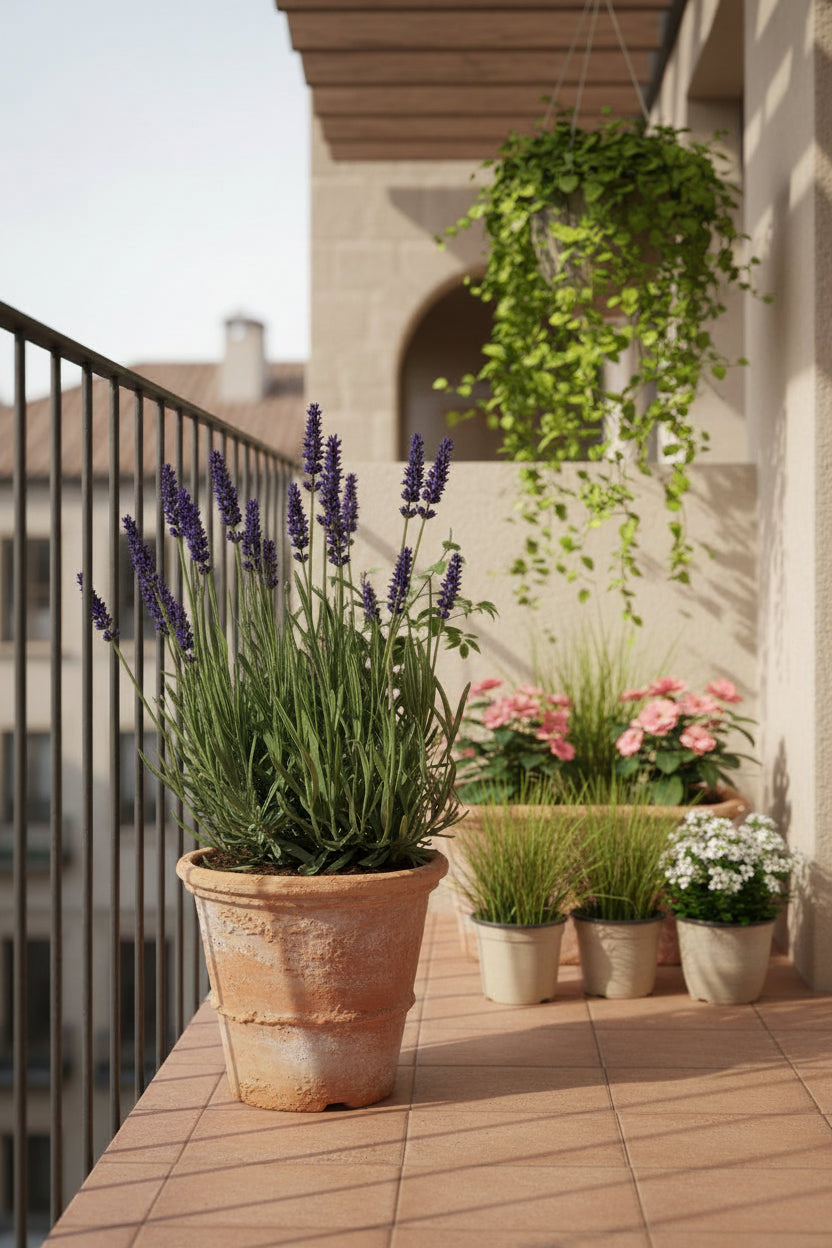 Lavanda Lavandula Hidcote Blue en un balcón con muchas plantas