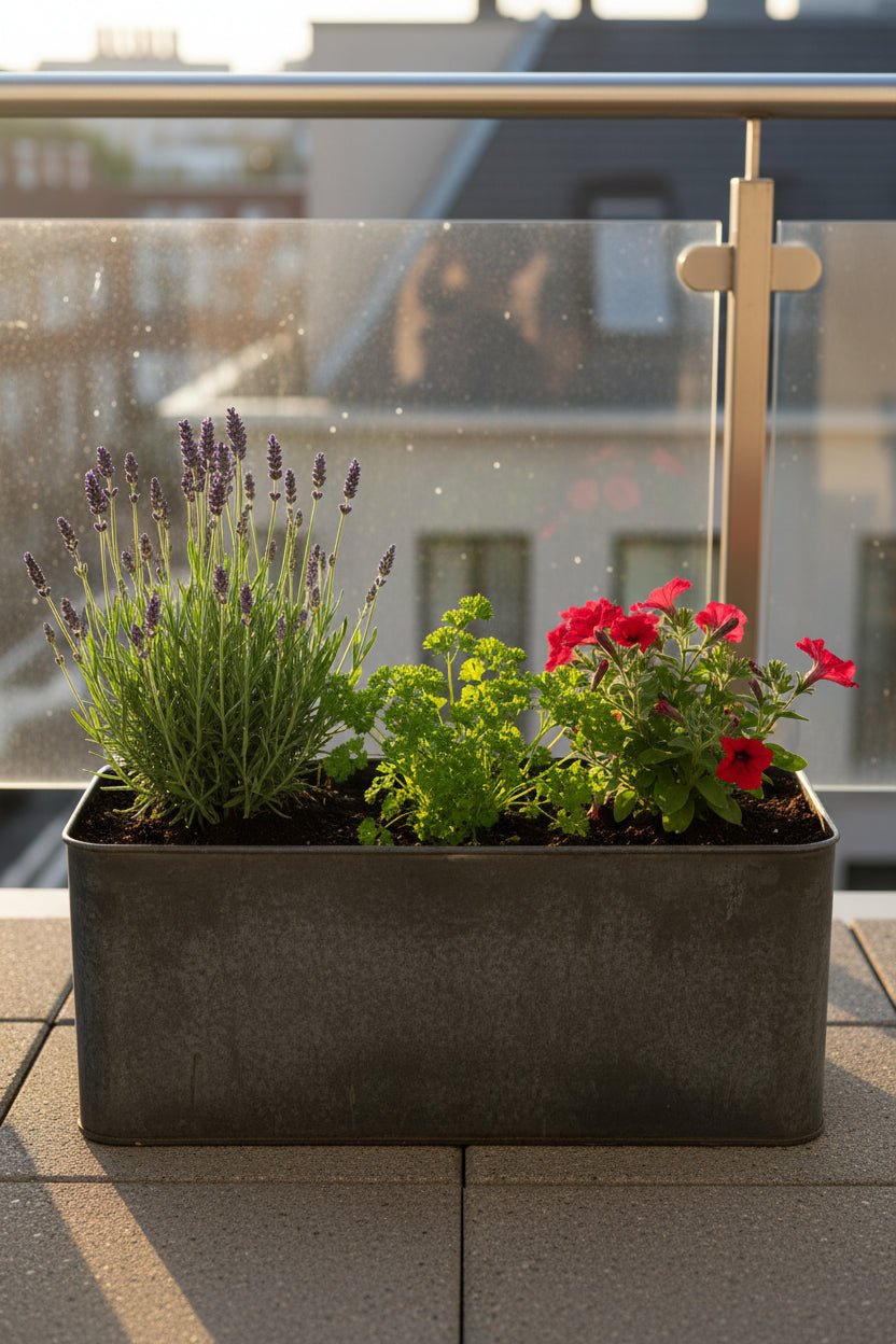 Lavanda Lavandula Hidcote Blue en una jardinera en un balcón