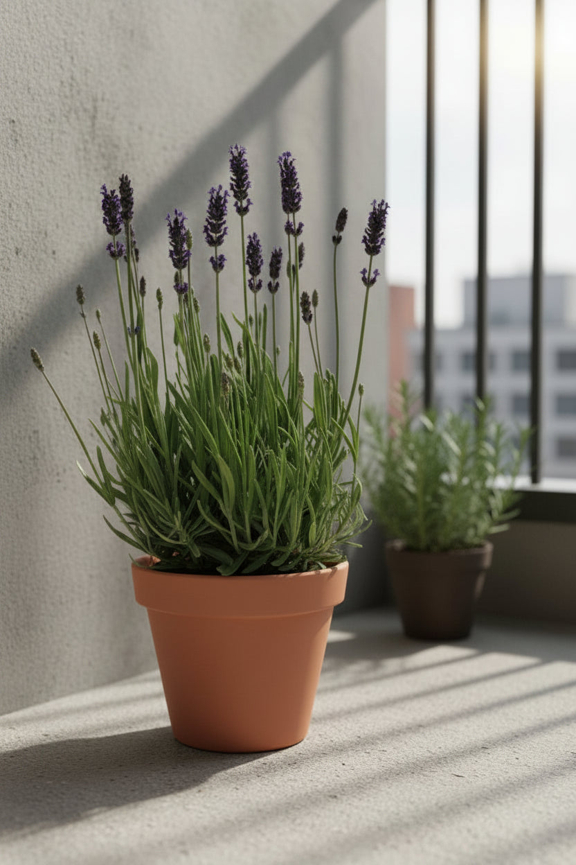 Lavanda Lavandula Hidcote Blue en una maceta de barro en un balcón