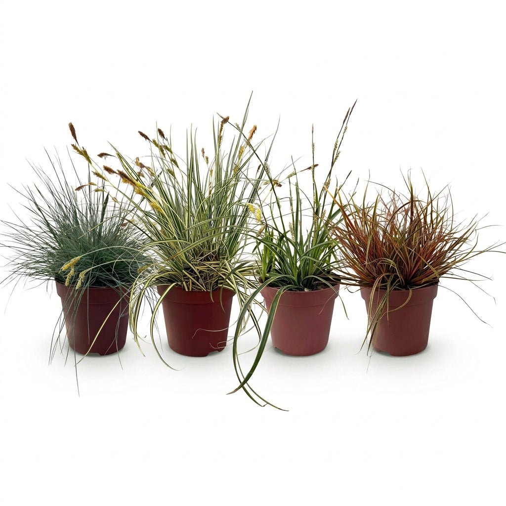 Lot de 4 graminées Festuca, Carex et Uncinia (Bleu, jaune, vert et rouge) — H50 cm | 4 pots Ø17 cm - Verdeia - 1