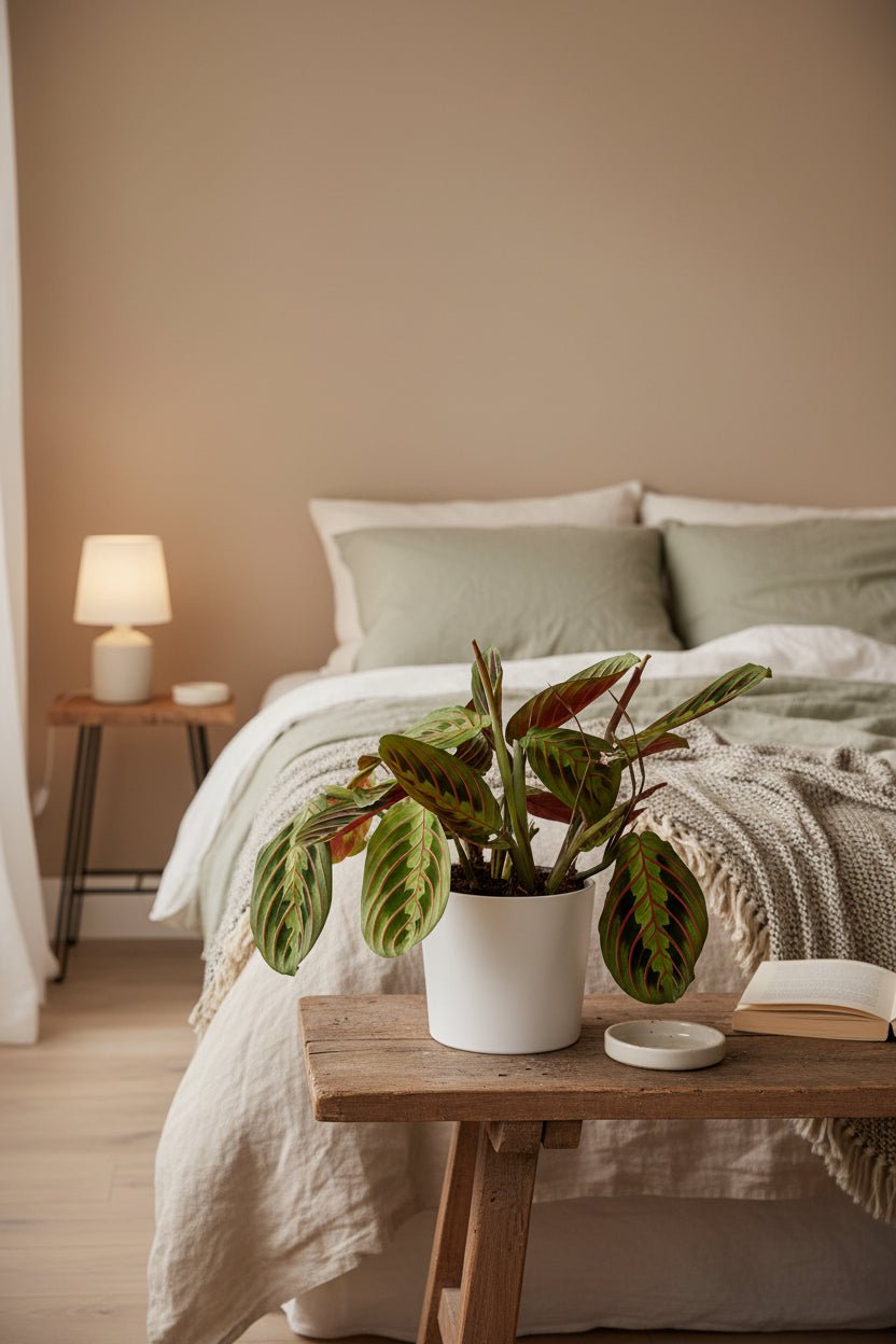 Maranta Leuconeura Fascinator sobre una consola al pie de la cama en un dormitorio
