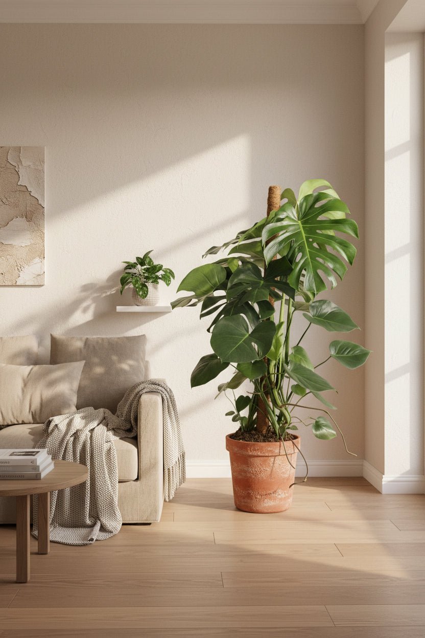 Monstera Deliciosa de gran tamaño con tutor de coco en un salón