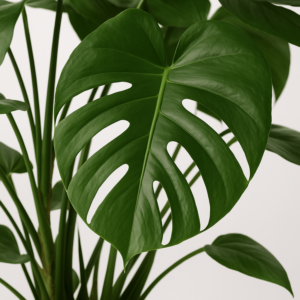 Primer plano de hojas perforadas de Monstera Deliciosa, fenestraciones naturales
