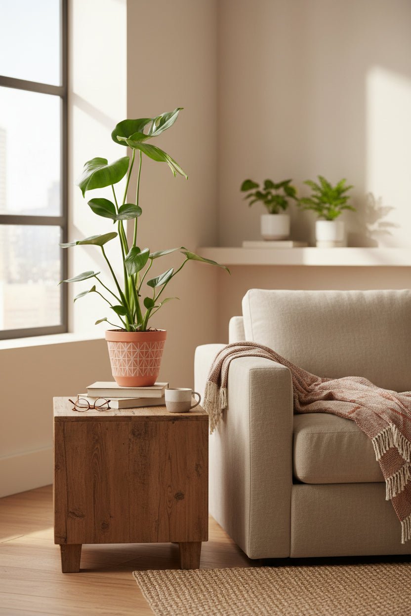 Monstera Deliciosa sobre una mesa, decoración interior