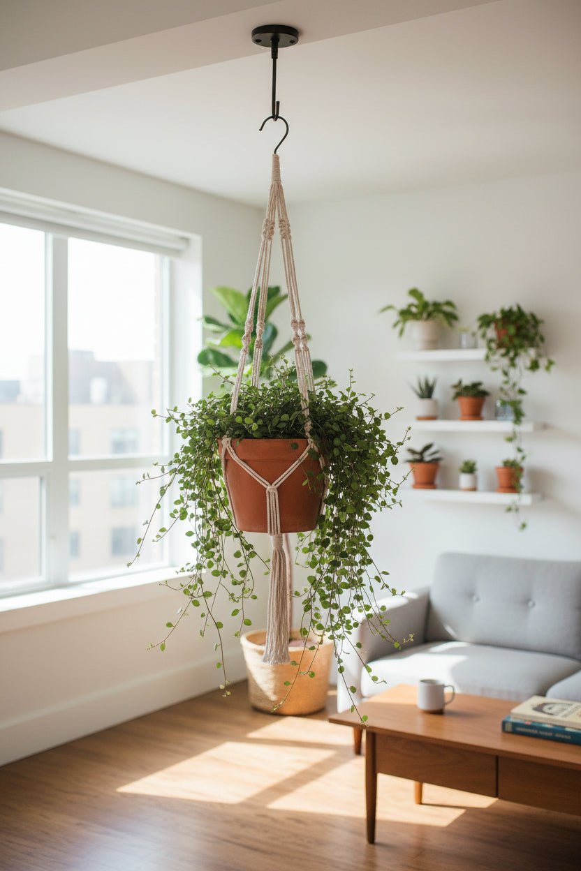 Muehlenbeckia también llamada Planta hilo de hierro en su maceta colgante en una sala suspendida del techo