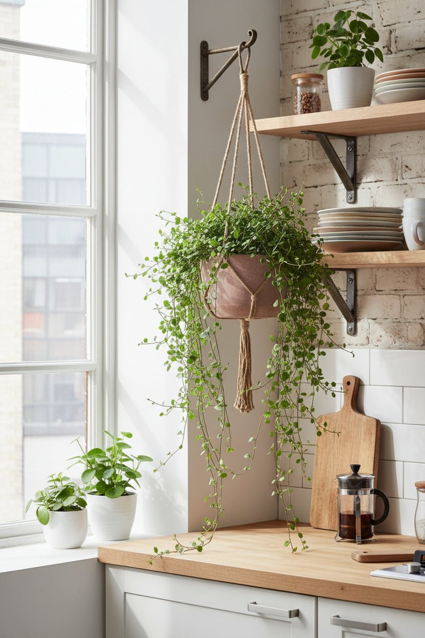 Muehlenbeckia también llamada Planta hilo de hierro en su maceta colgante instalada en la cocina cerca de la ventana