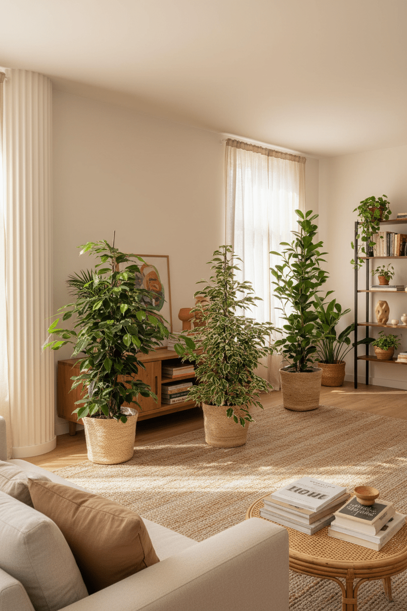 3 Ficus Benjamina Danielle + Benjamina Twilight + Microcarpa Moclame instalados en un salón