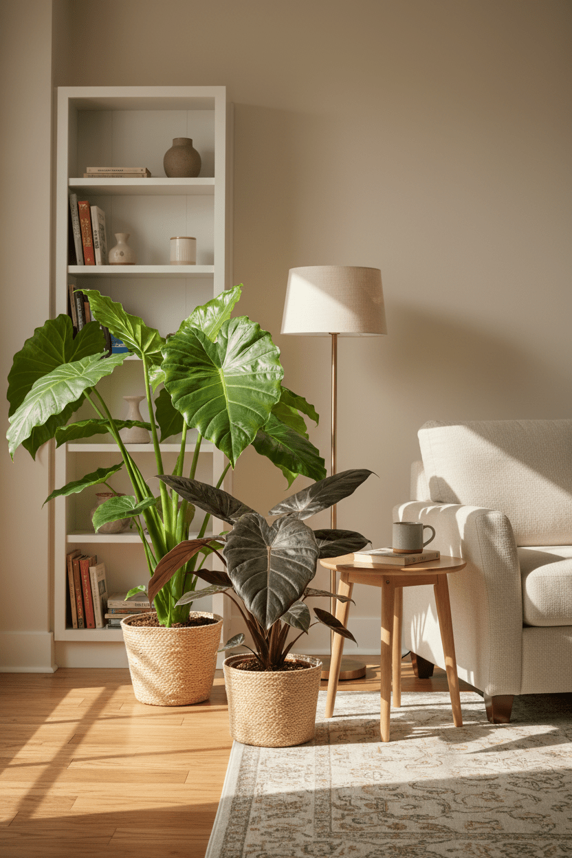 Alocasia Cucullata und Wentii in der Sonne in einem Wohnzimmer neben dem Sessel und dem Couchtisch