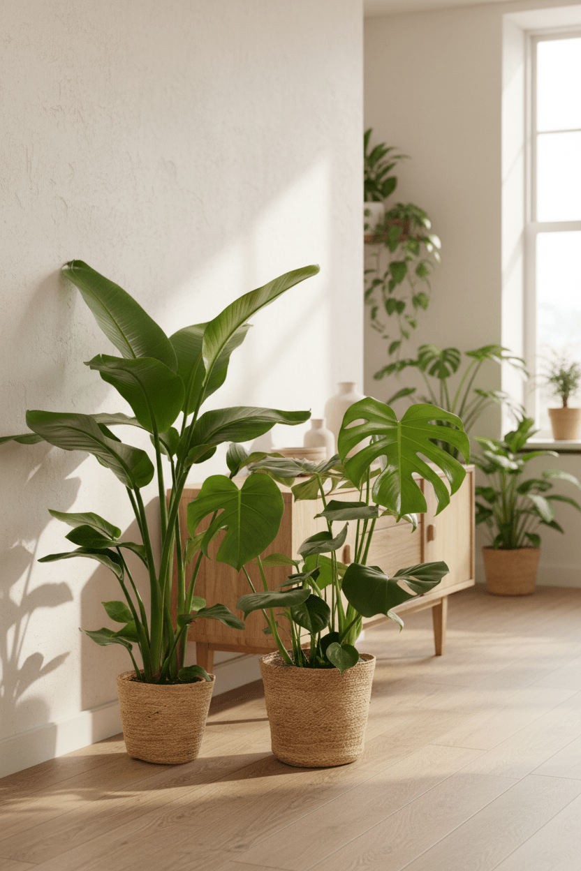 Pack Strelitzia Nicolai + Monstera Deliciosa con 2 cestas Selin sobre un fondo blanco instalados en un salón luminoso