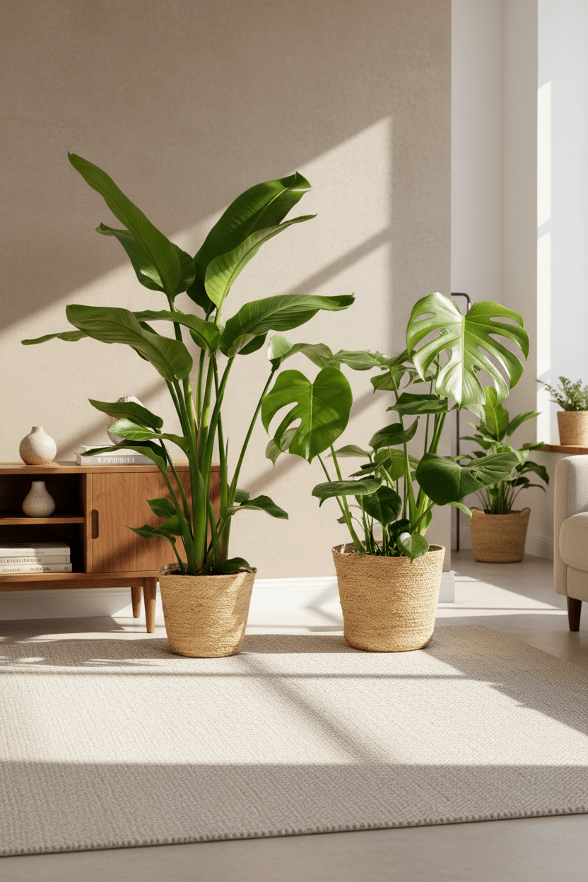 Pack Strelitzia Nicolai + Monstera Deliciosa con 2 cestas Selin instaladas en un salón luminoso