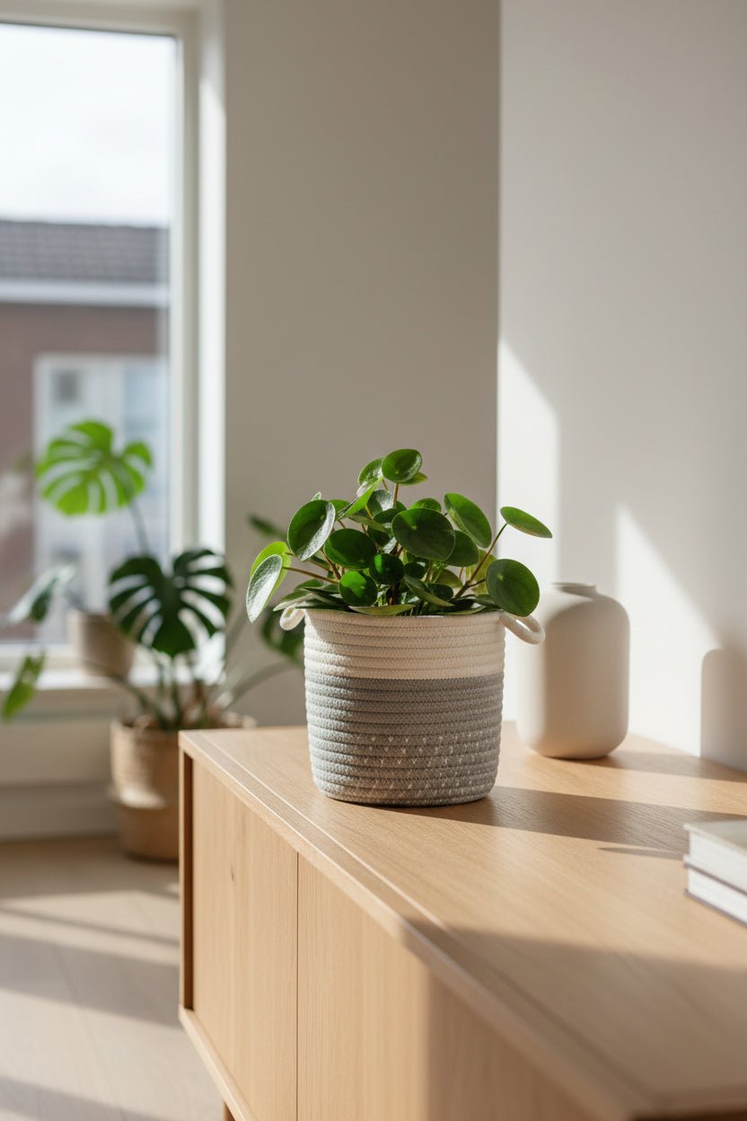 Panier Borneo Gris D14 cm posé sur une console dans un salon