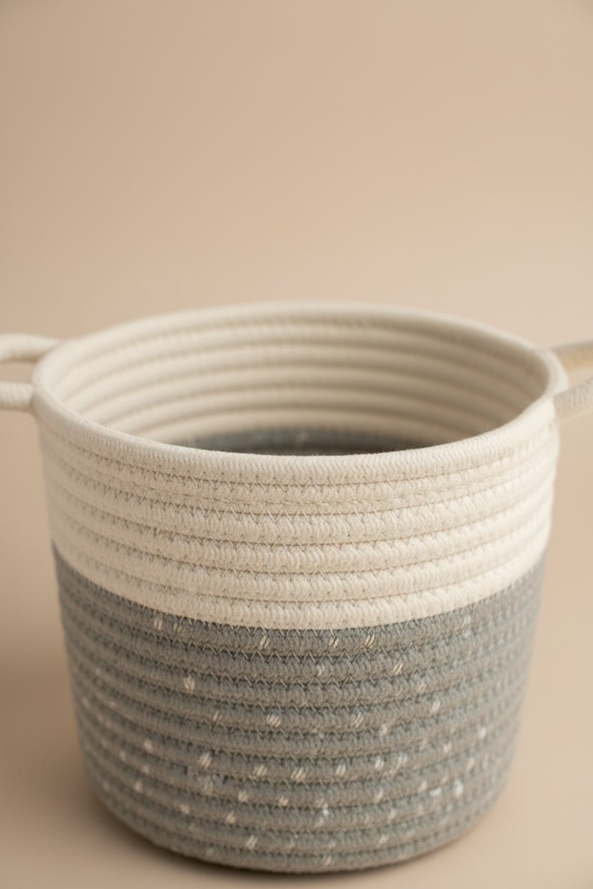 Panier Borneo Gris D14 cm posé avec un fond beige