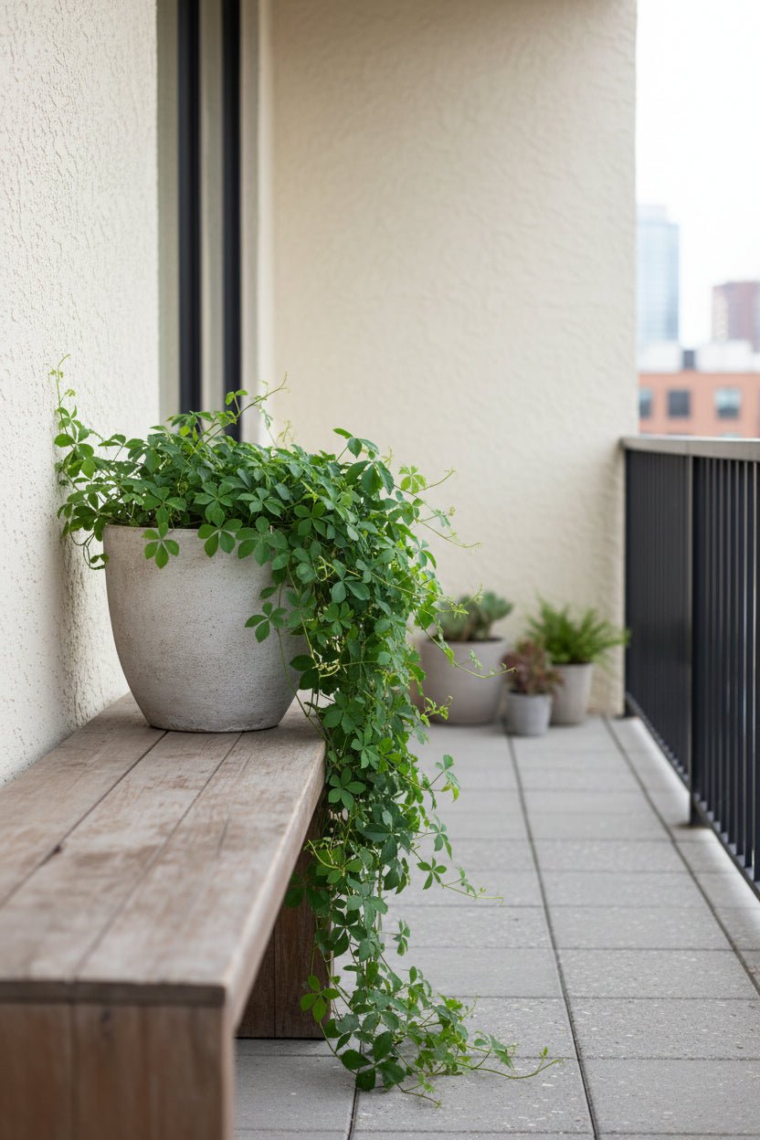 Parthenocissus striata (opadavý břečťan) položený na lavičce na terase