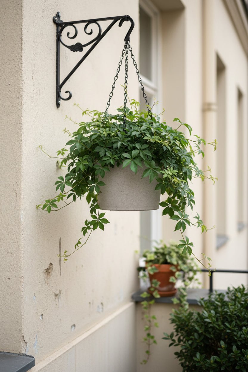 Parthenocissus striata (opadavý břečťan) zavěšený na háčku na městském balkóně