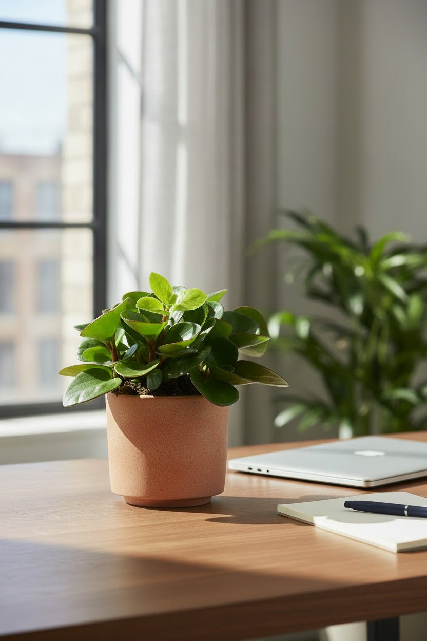 Peperomia Obtipan i en dekorativ terrakottakrukke på skrivebordet