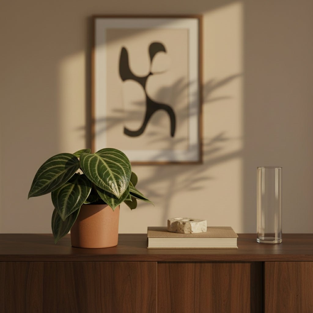 Peperomia sarcophylla sobre un moble de fusta fosca