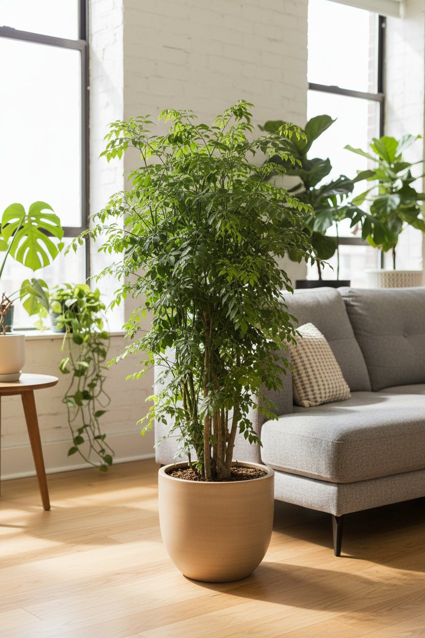 Polyscias Roble, Aralia de interior colocada junto al sofá gris