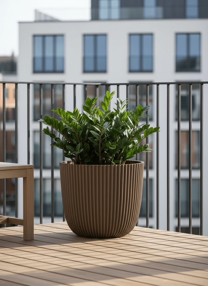 Doniczka Capi Nature Groove taupe 25 cm na tarasie z Zamioculcas zamiifolia — roślina ZZ w środku