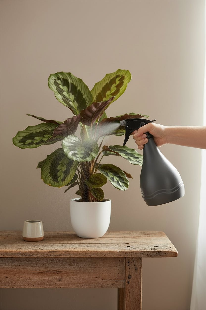 Pulverizador Elho de 0,7L rociando una planta tropical