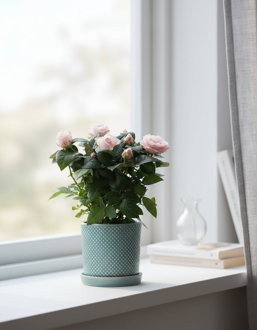 Světle růžová zakrslá růže — Ø12 x H30 cm — Připraveno k umístění — Seladonově zelená keramika - Verdeia - 5