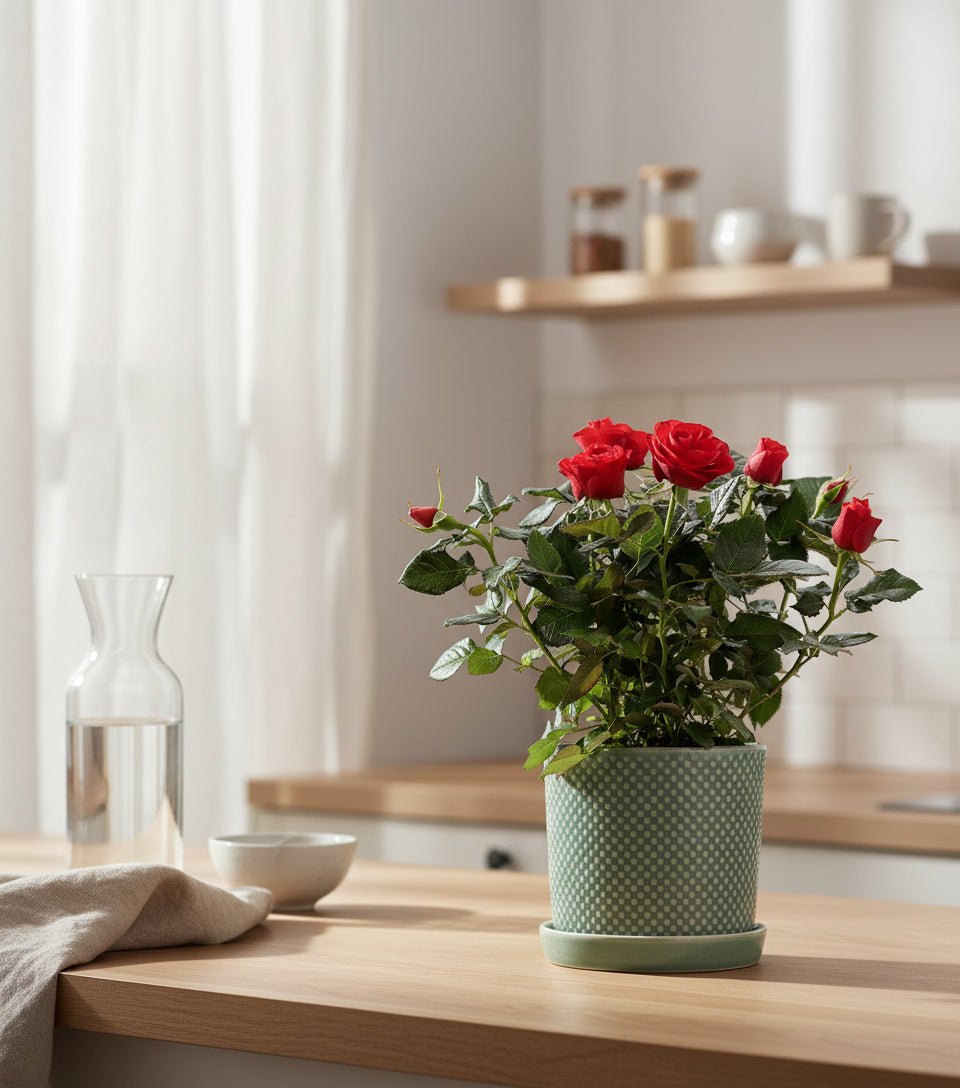Roseira anã vermelha — Ø12 x A30 cm — Pronta a colocar — Cerâmica verde - Verdeia - 3