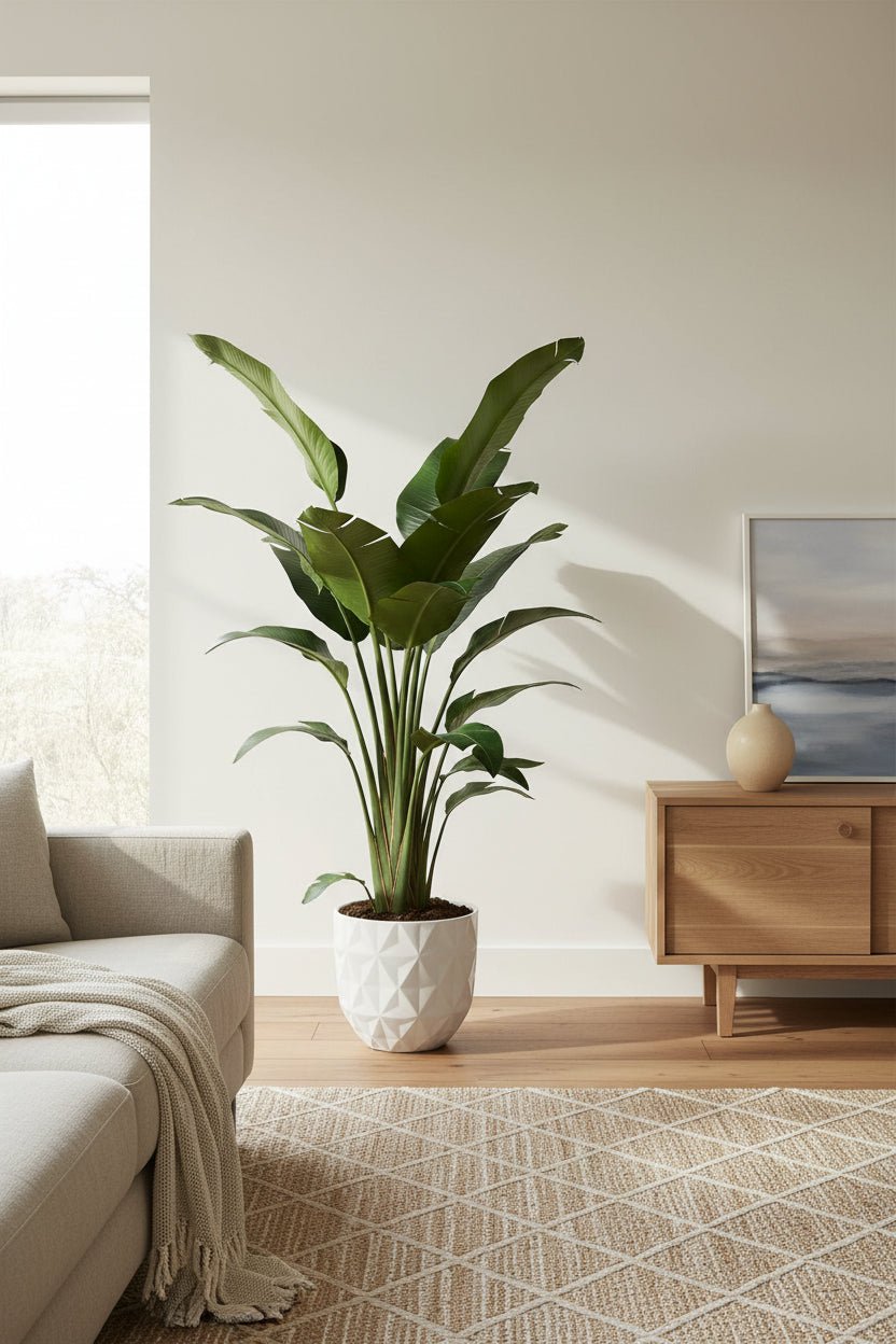 Strelitzia Nicolai — Paraíso blanco — Ave del paraíso gigante en una maceta moderna de cerámica blanca brillante con motivos, en una sala de estar