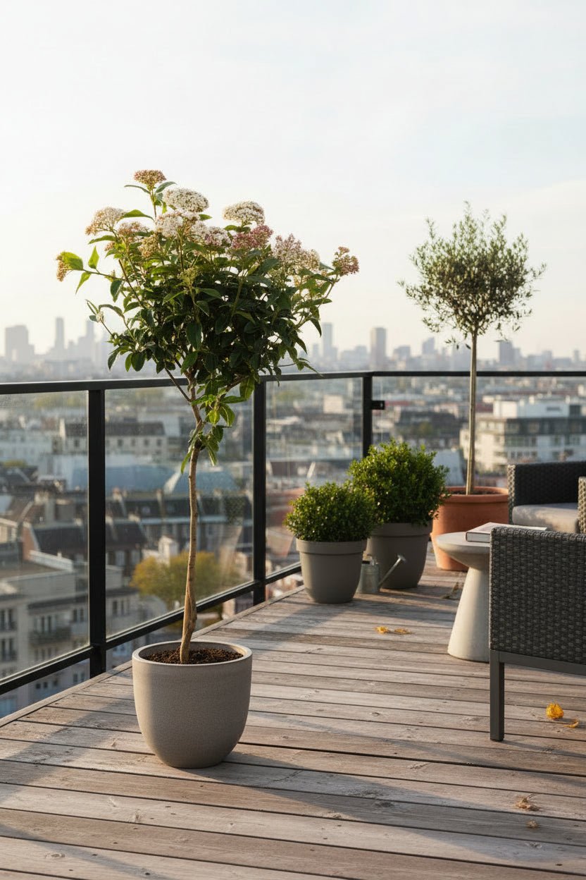 Viburnum tinus en tallo instalado en la terraza