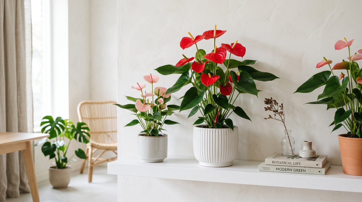 Anthuriums with bright red and pink heart-shaped spathes displayed on a white shelf in a modern interior, soft natural light, elegant botanical styling, no people, editorial photography