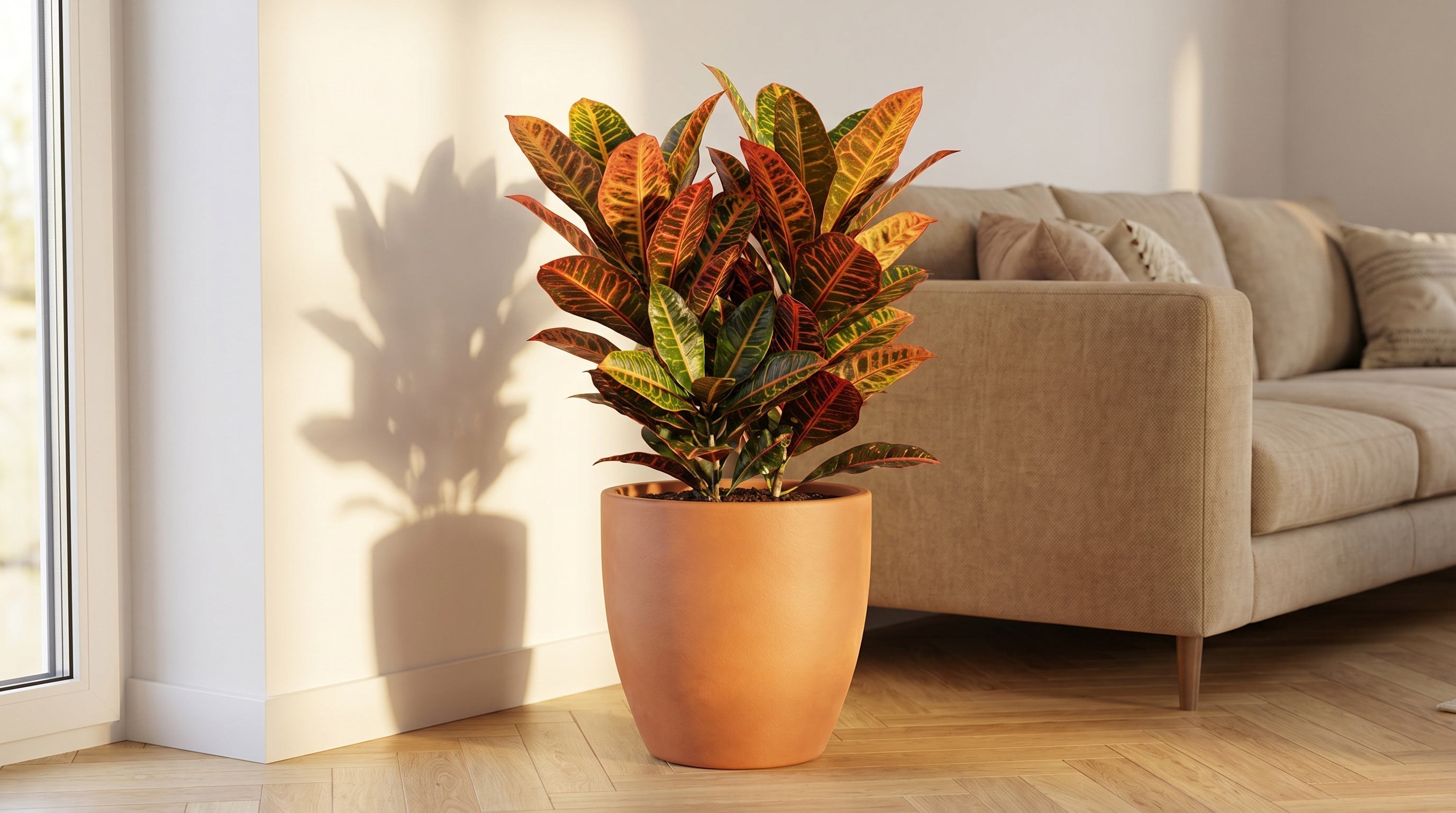 Croton Mammi aux larges feuilles nervurées multicolores rouge, orange et jaune dans un pot en céramique terracotta — salon lumineux, lumière naturelle chaude