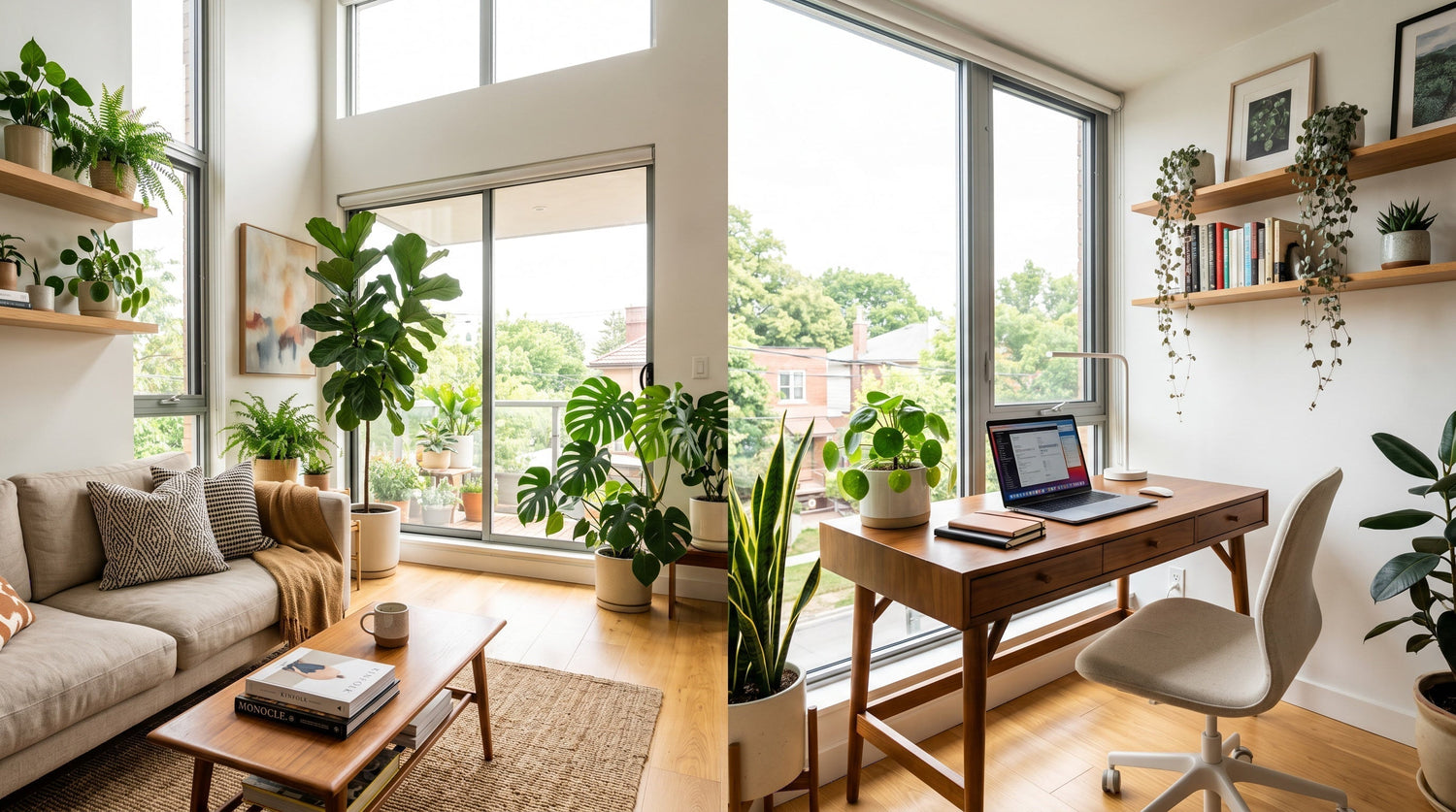 Plantes dans un salon Airbnb chaleureux et un open space professionnel végétalisé — sélection Verdeia pour les espaces locatifs et professionnels