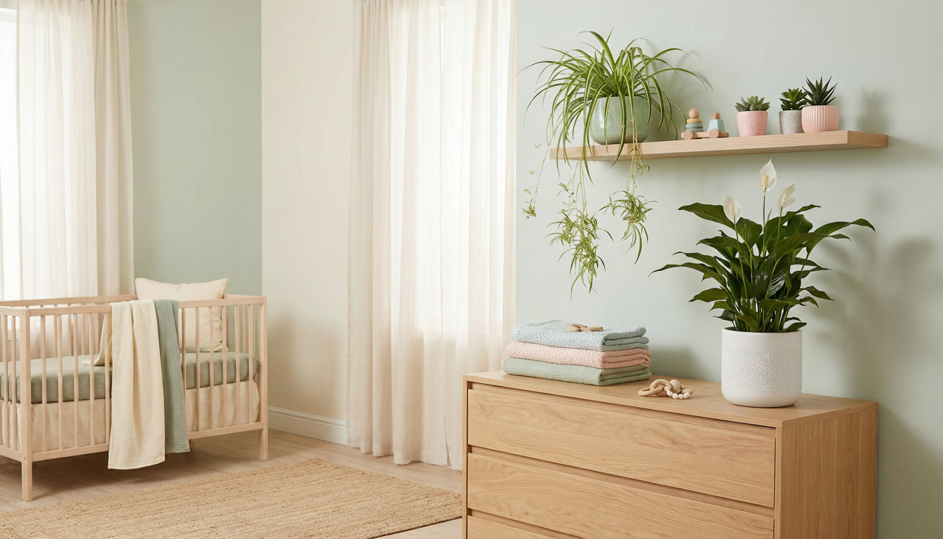 Chambre de bébé sereine avec plantes vertes non toxiques sur étagère — tons naturels et pastel, lumière douce