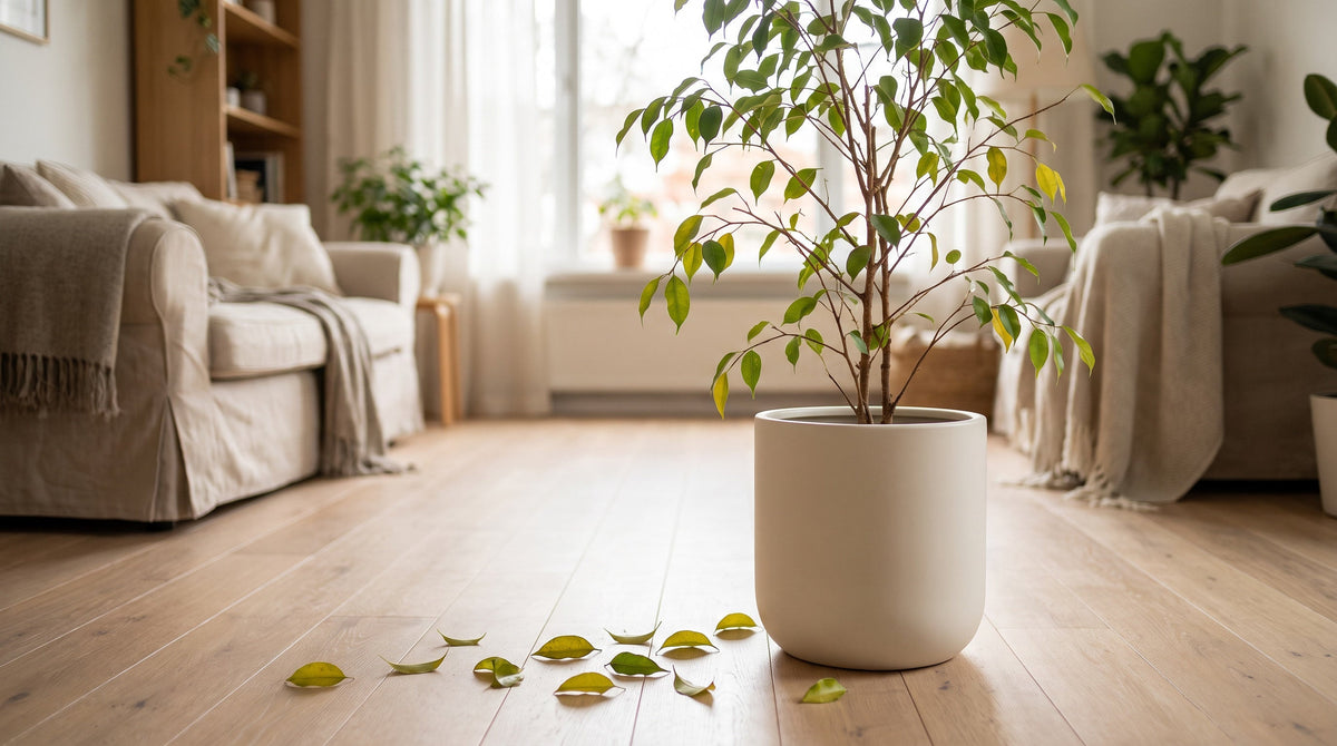 Ficus dégarni dont plusieurs feuilles sont tombées au sol autour du pot.