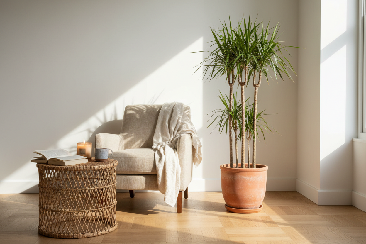 Dracaena Marginata dans un pot en terre cuite, mise en scène dans un salon lumineux avec table en rotin, bougie et plaid en lin