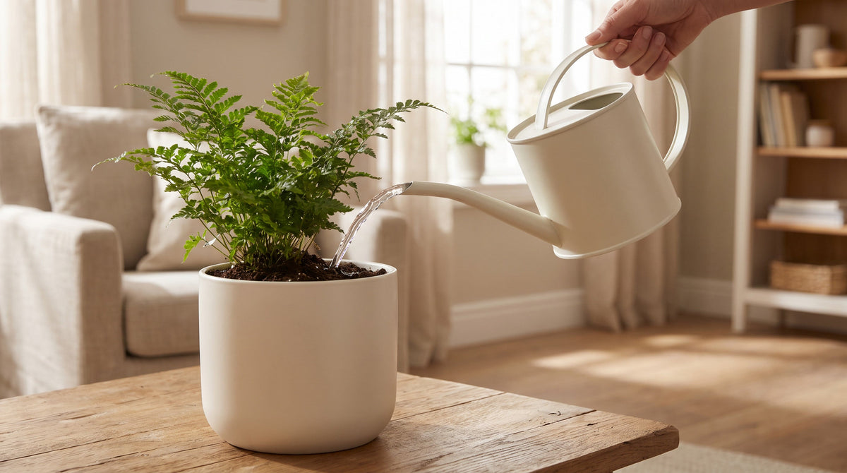 Arrosoir versant de l'eau au pied d'une plante d'intérieur près d'une fenêtre.