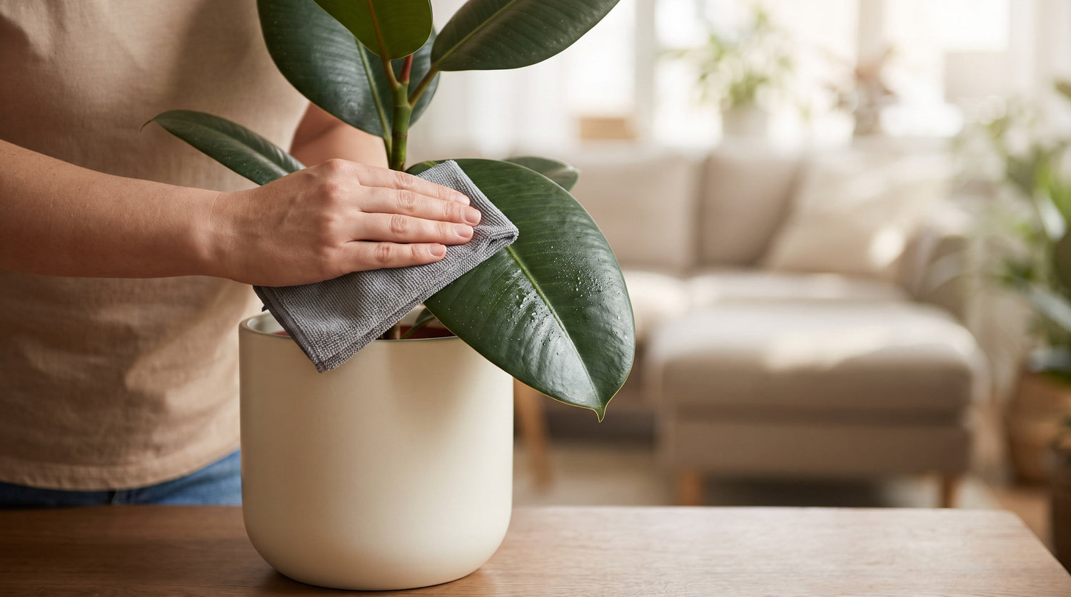 Main essuyant une grande feuille brillante de Ficus elastica avec un chiffon doux.