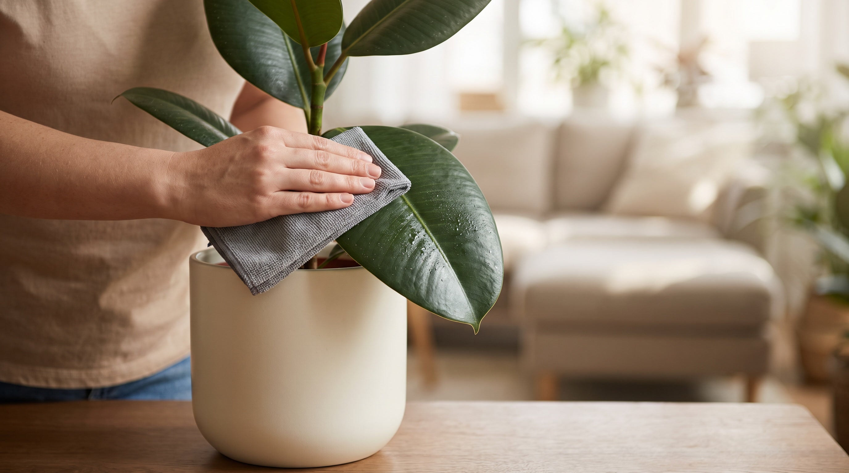 Main essuyant une grande feuille brillante de Ficus elastica avec un chiffon doux.