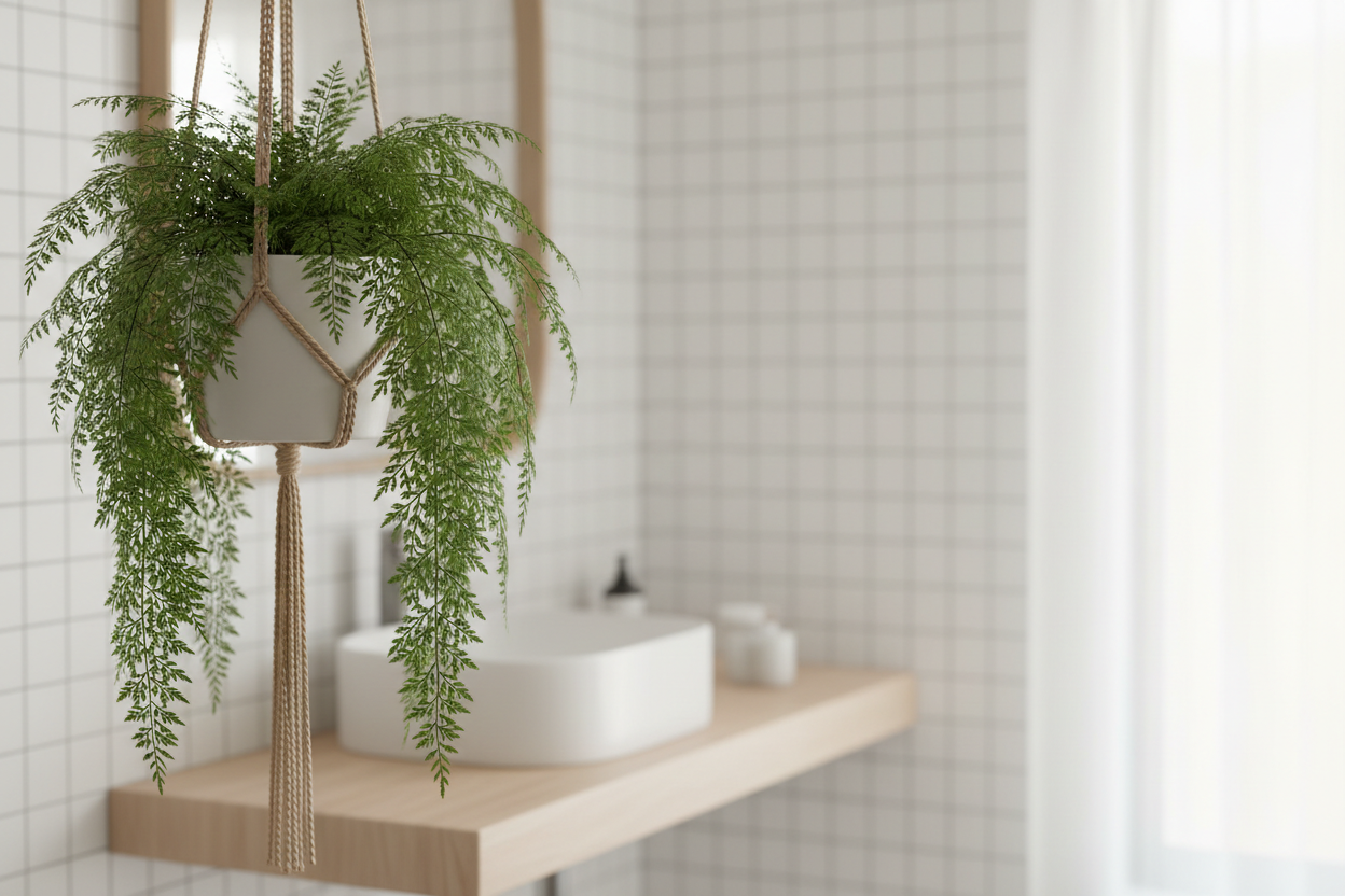 Fougère Nephrolepis Green Lady suspendue dans une salle de bain claire — frondes vertes retombantes près d'une fenêtre lumineuse