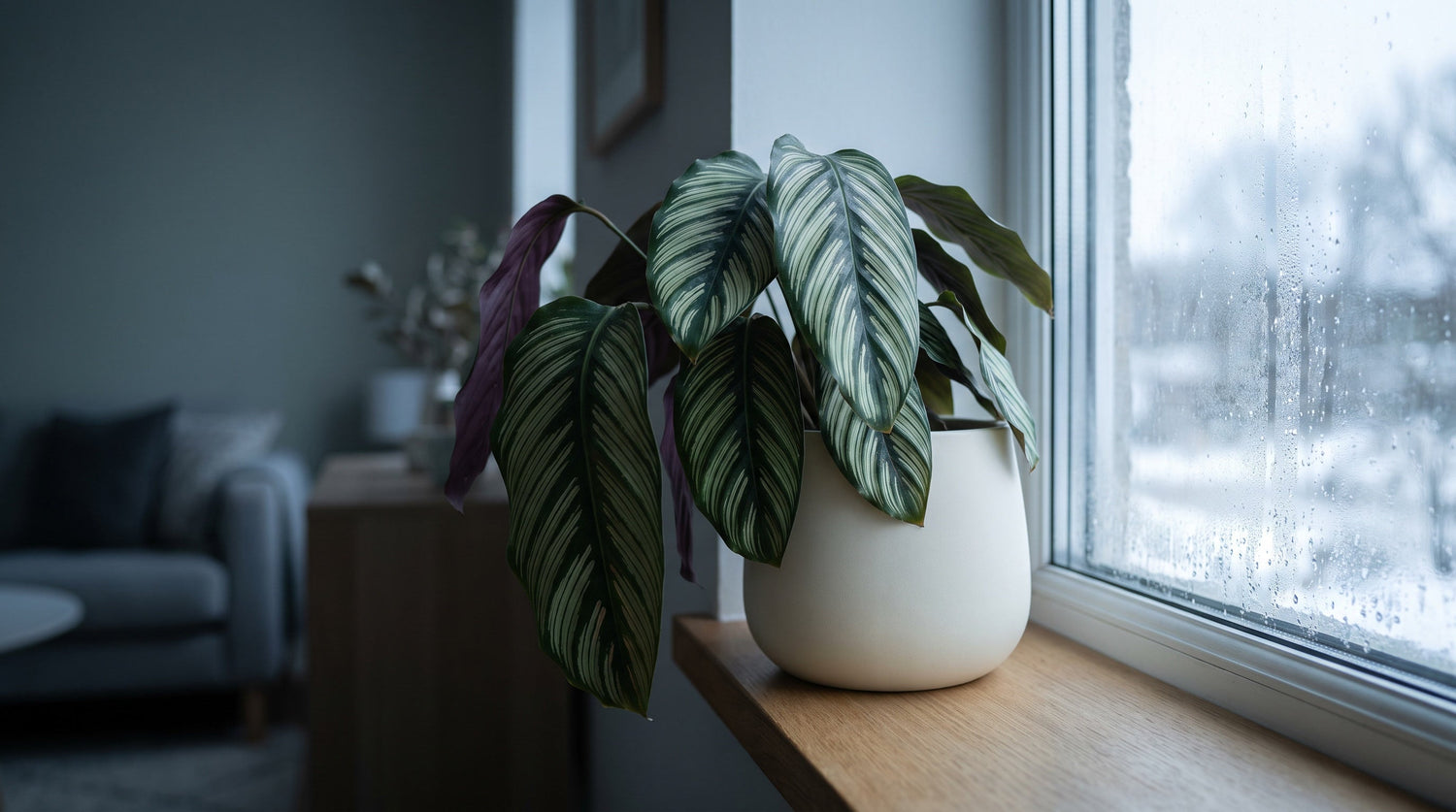 Calathea au feuillage affaissé près d'une fenêtre givrée en hiver.