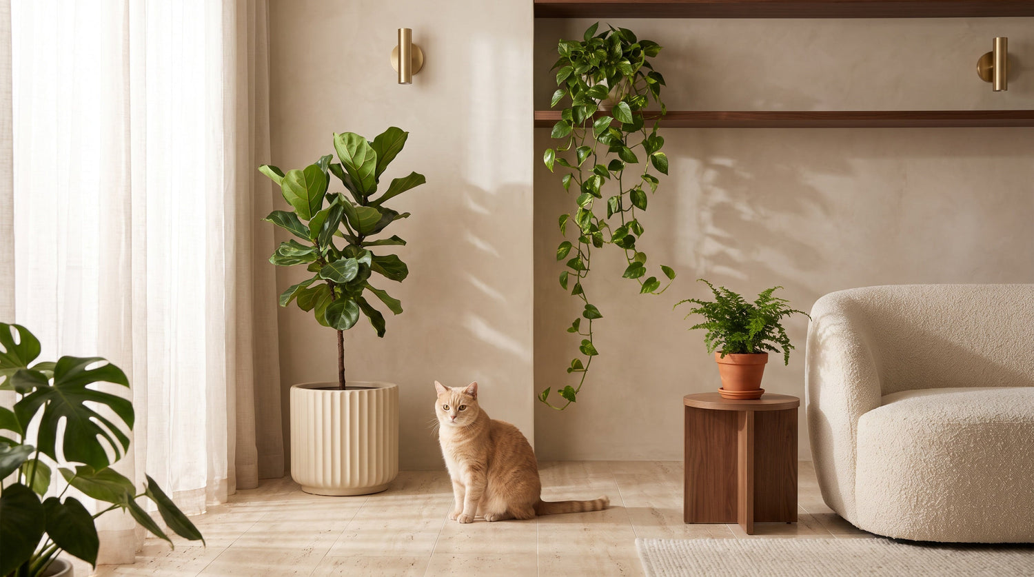 Chat détendu près de plantes d'intérieur dans un salon lumineux et contemporain.
