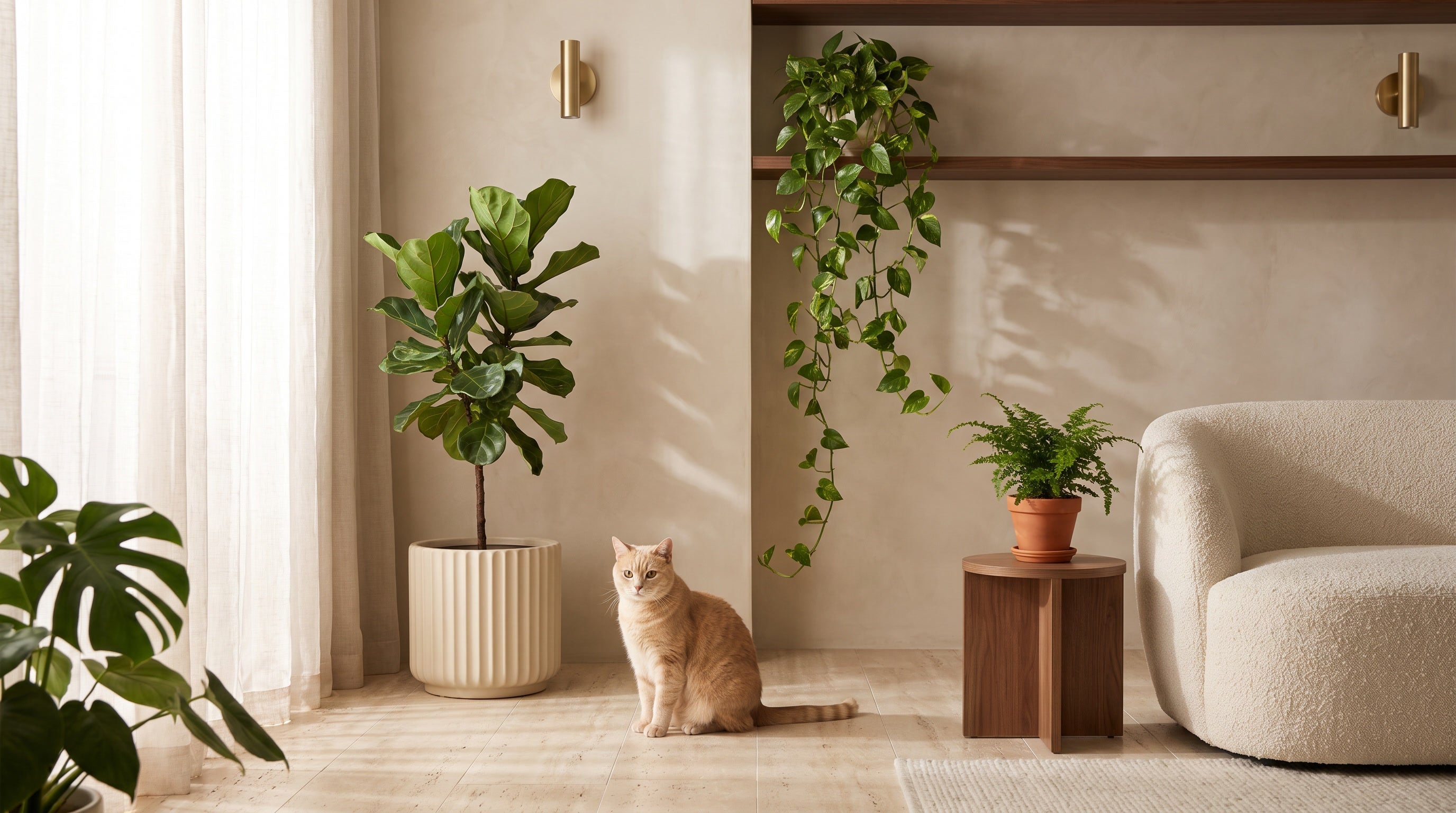 Chat détendu près de plantes d'intérieur dans un salon lumineux et contemporain.