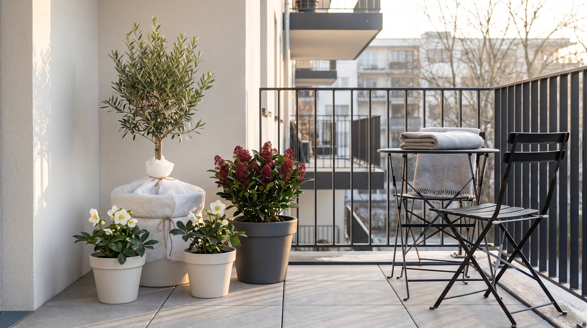 Pots regroupés contre le mur d'un balcon en hiver : un olivier protégé par un voile d'hivernage, un skimmia et deux hellébores en fleurs.