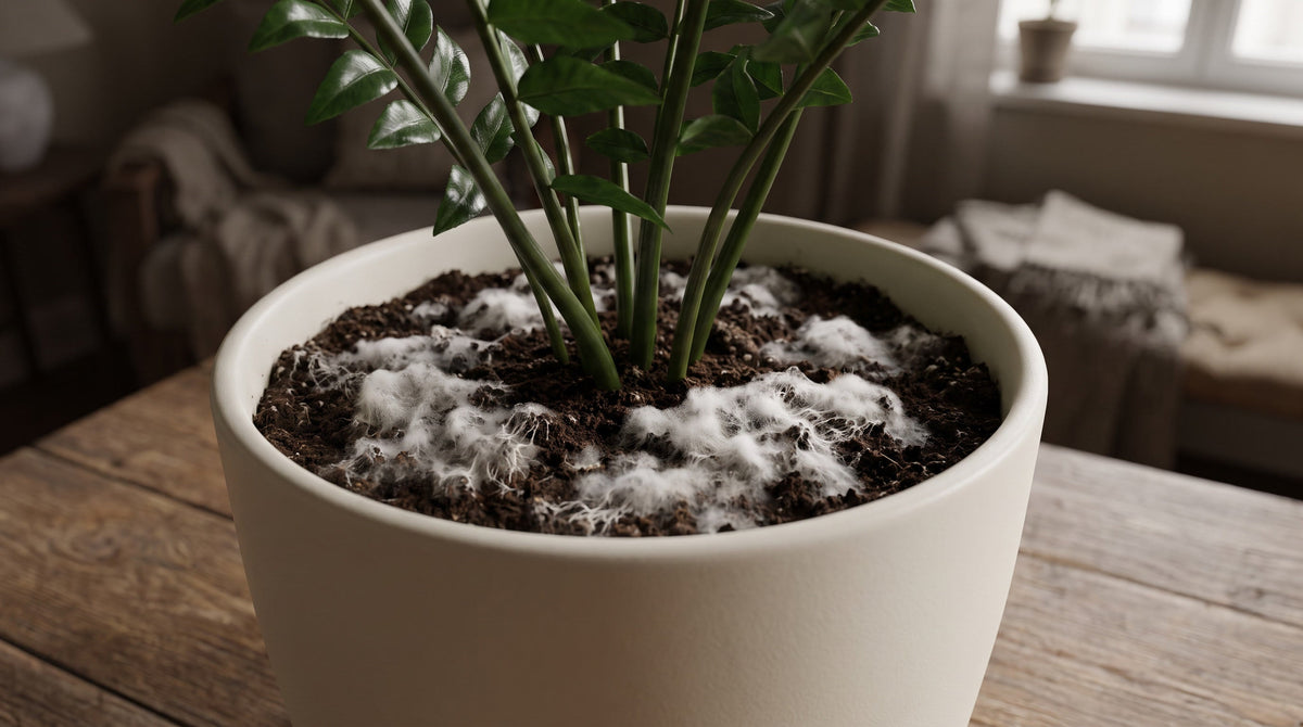 Voile blanc duveteux de moisissure à la surface du terreau d'une plante d'intérieur.