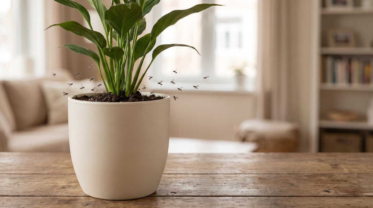 Petits moucherons noirs volant au-dessus du terreau d'une plante d'intérieur.