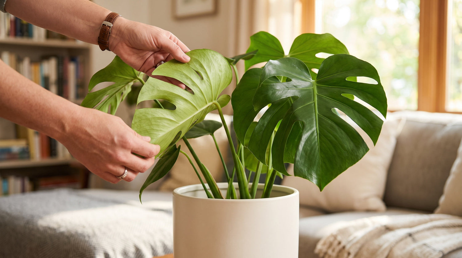 Mains retournant une grande feuille de Monstera pour inspecter son revers.