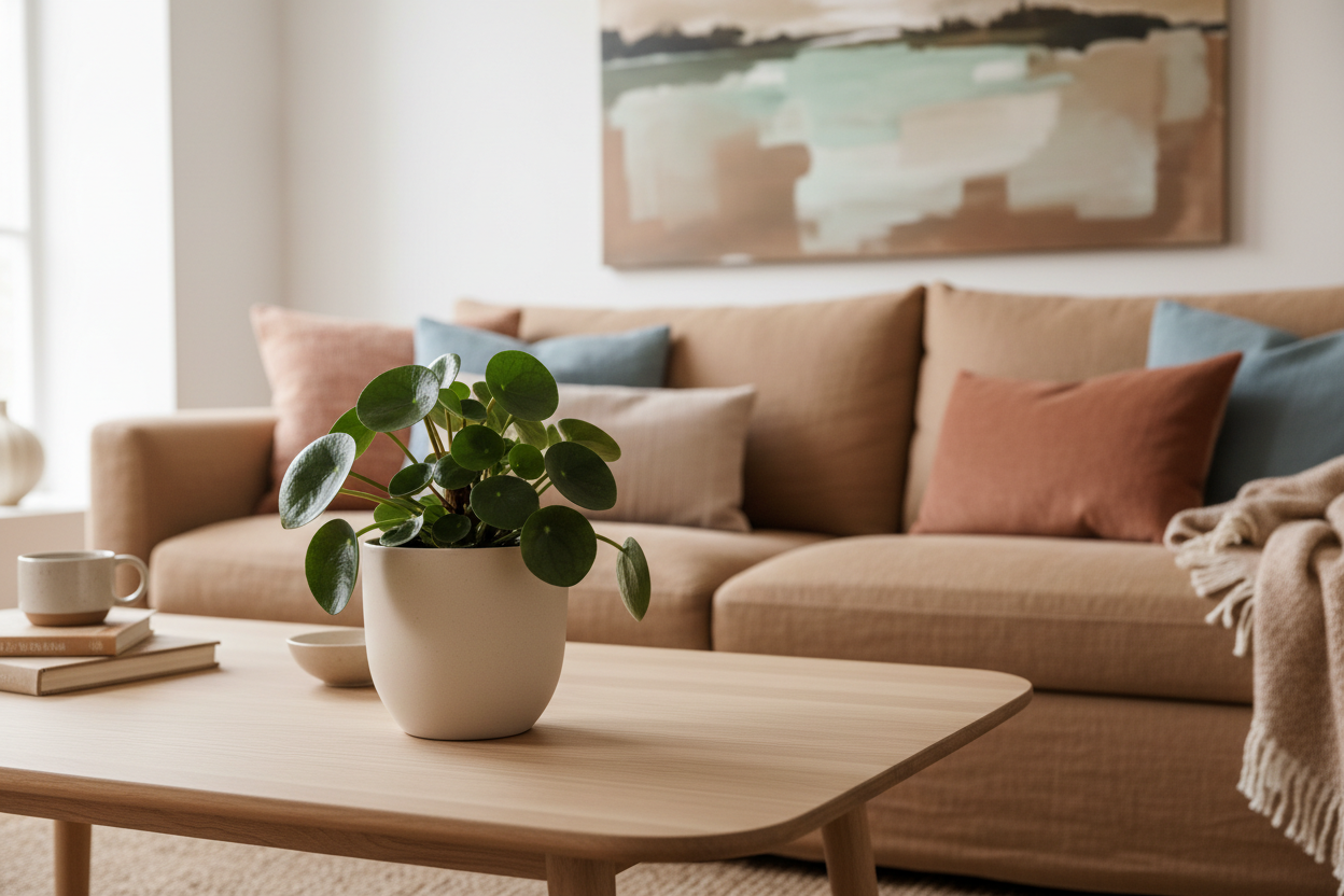 Peperomia dans un pot céramique mat posée sur une table basse en bois clair, dans un salon chaleureux au style scandinave-méditerranéen avec lumière naturelle