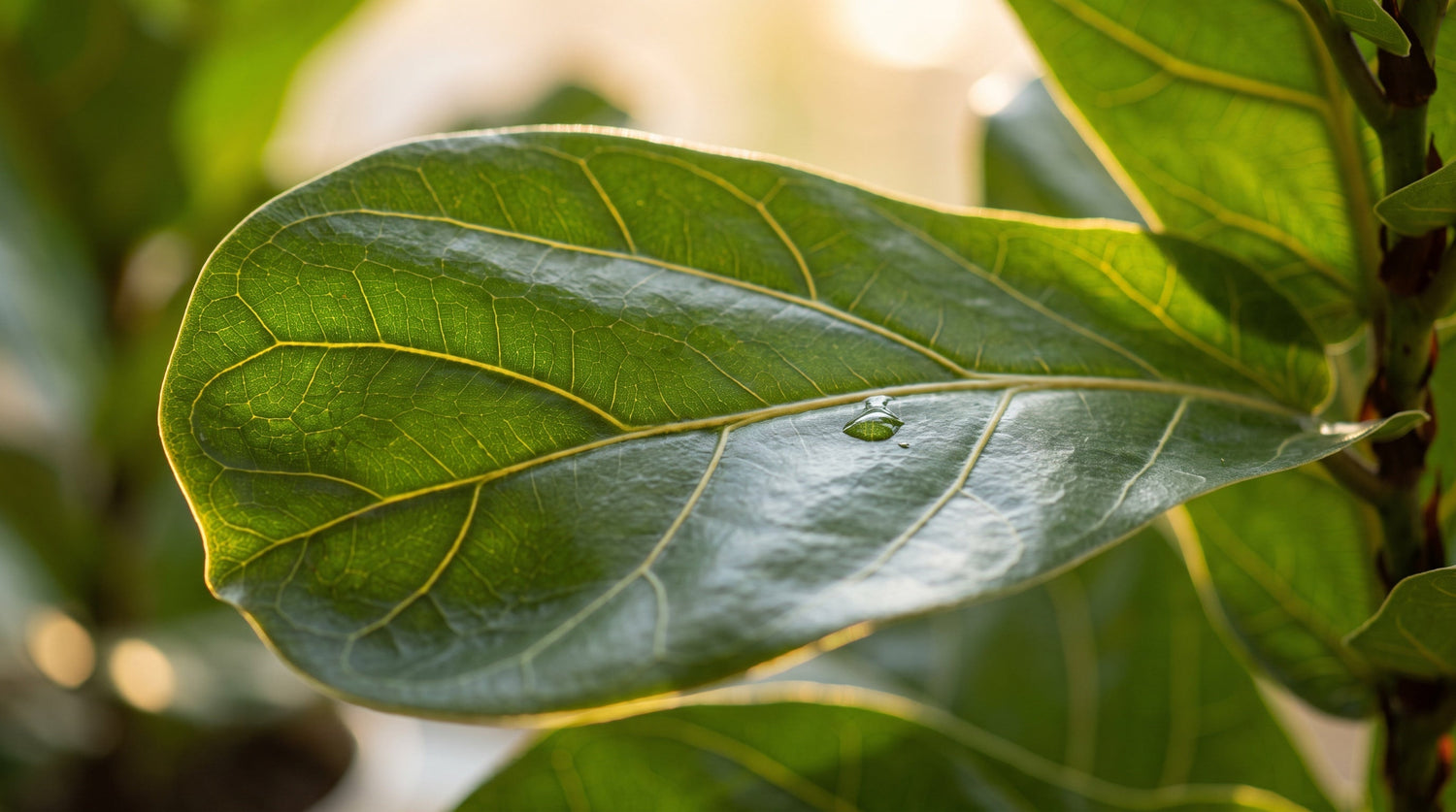 Feuille de Ficus lyrata traversée par la lumière du soleil, nervures visibles en transparence.