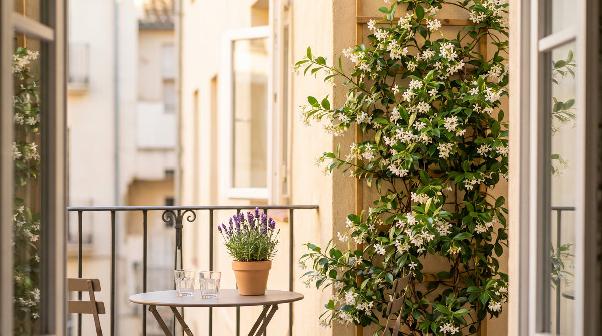 Balcon urbain fleuri de plantes parfumées en pots, avec un jasmin étoilé palissé contre la rambarde.
